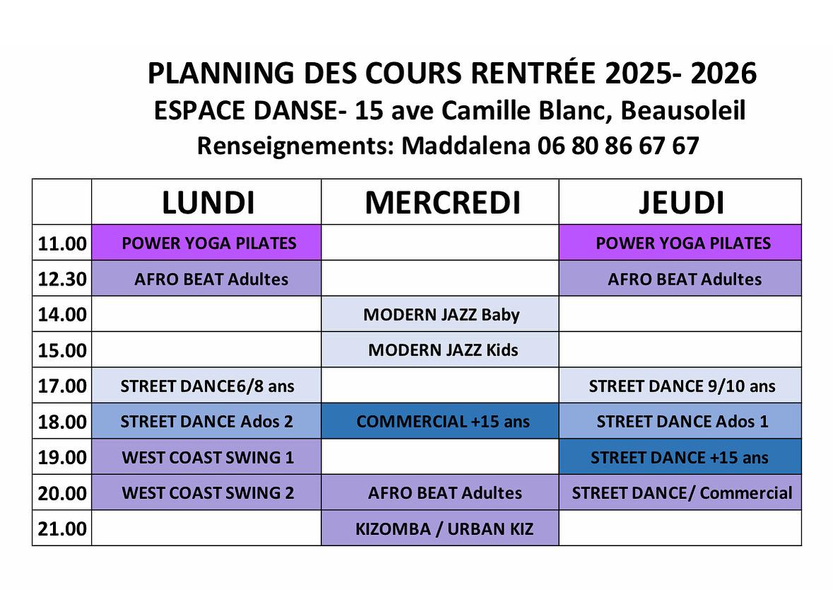 espace danse horaires